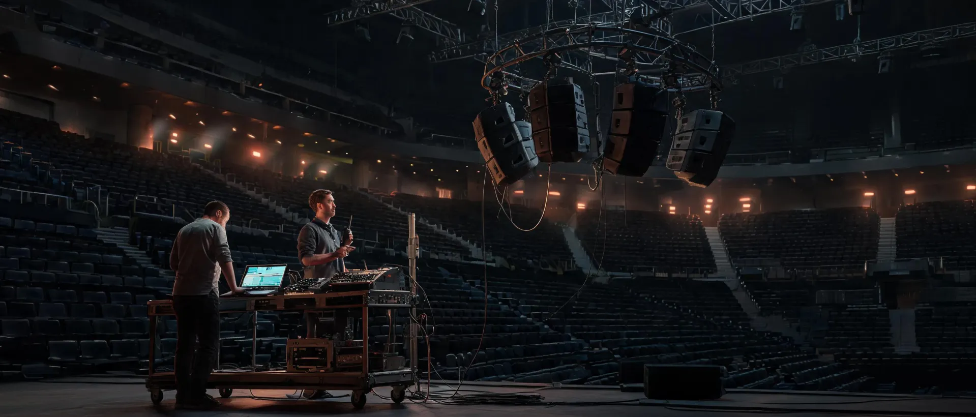 Professional audio engineering team commissioning an arena