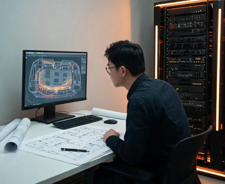 Audio engineer reviewing venue plans